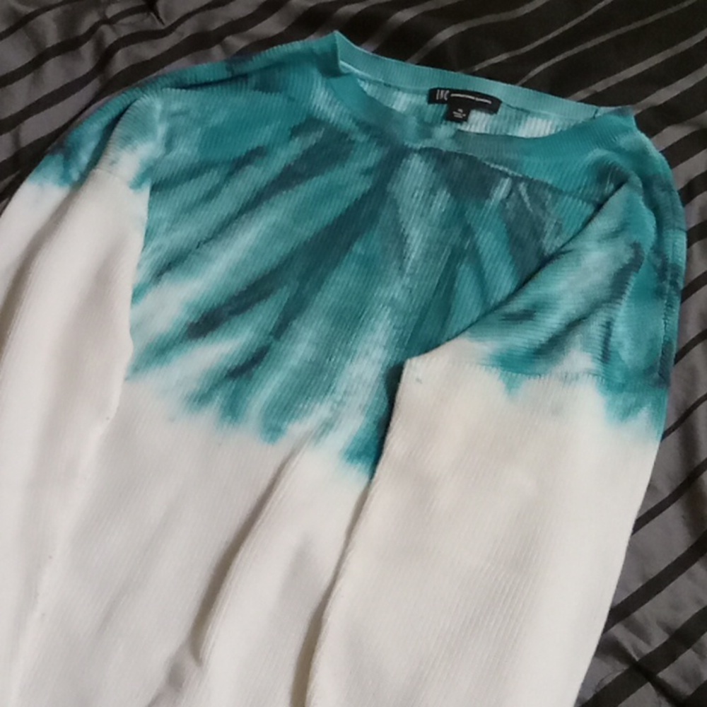 Women's white and turquoise tye dye lightweight sweater. So cool
